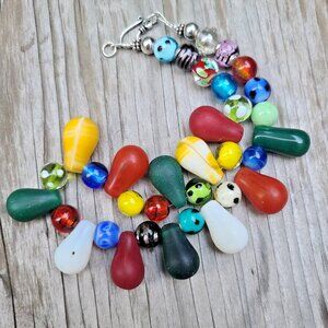 Vintage Mali Wedding Beads Necklace w Multicolor Art Glass, Sterling Hook Clasp